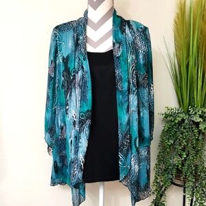 Sara Michelle Teal and Black Sheer Cardigan Blouse